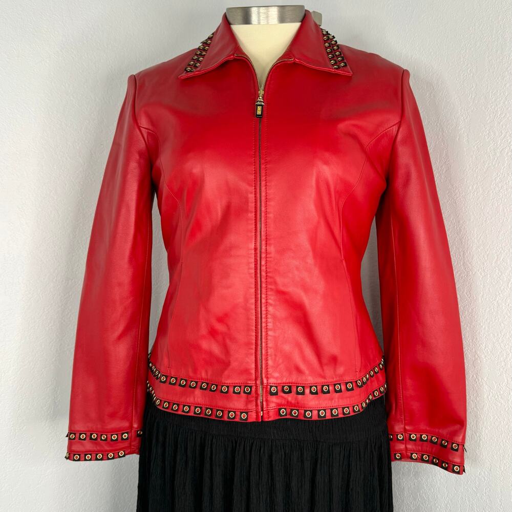 St. John Sport Red Leather Jacket Blazer Grommet Detailing Size Large